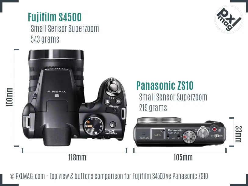 Fujifilm S4500 vs Panasonic ZS10 top view buttons comparison