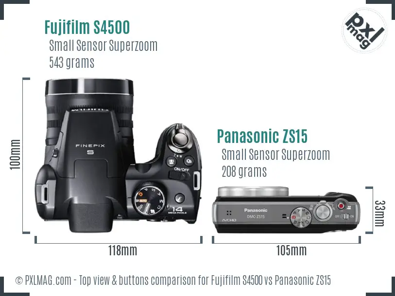 Fujifilm S4500 vs Panasonic ZS15 top view buttons comparison Fujifilm S4500 vs Panasonic ZS15 top view buttons comparison