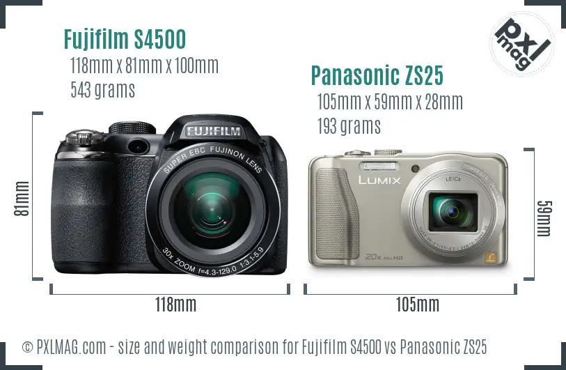 Fujifilm S4500 vs Panasonic ZS25 size comparison