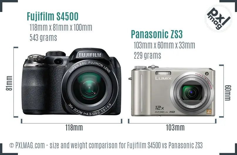 Fujifilm S4500 vs Panasonic ZS3 size comparison