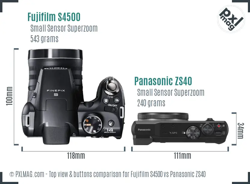Fujifilm S4500 vs Panasonic ZS40 top view buttons comparison Fujifilm S4500 vs Panasonic ZS40 top view buttons comparison