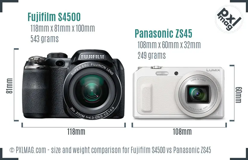 Fujifilm S4500 vs Panasonic ZS45 size comparison