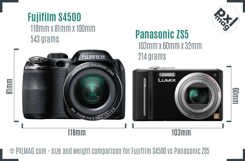 Fujifilm S4500 vs Panasonic ZS5 size comparison
