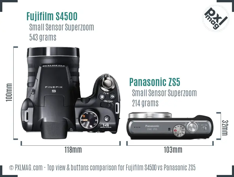 Fujifilm S4500 vs Panasonic ZS5 top view buttons comparison