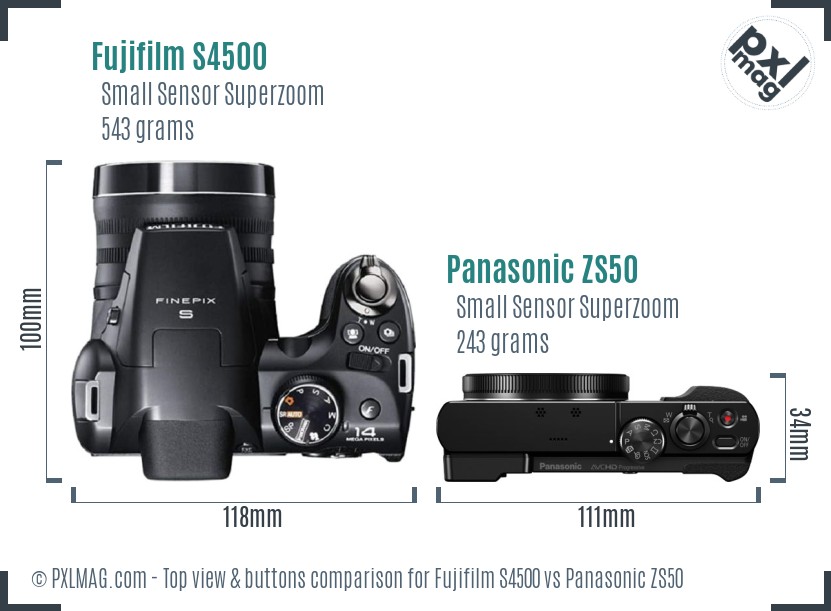 Fujifilm S4500 vs Panasonic ZS50 top view buttons comparison