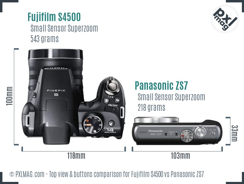 Fujifilm S4500 vs Panasonic ZS7 top view buttons comparison