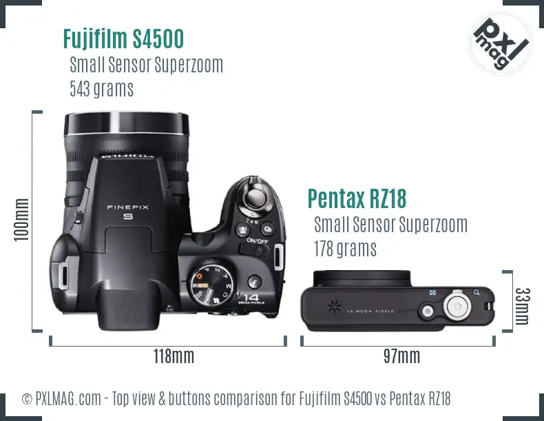 Fujifilm S4500 vs Pentax RZ18 top view buttons comparison