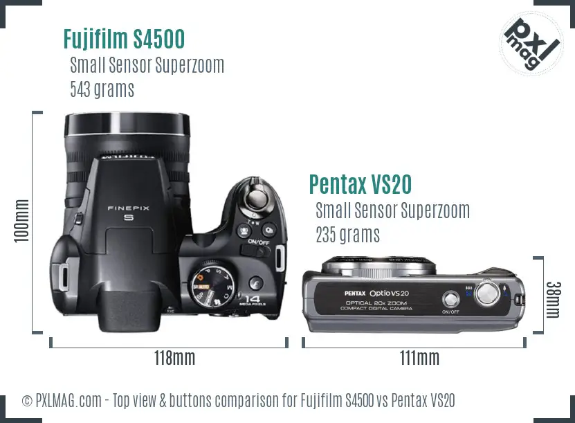 Fujifilm S4500 vs Pentax VS20 top view buttons comparison
