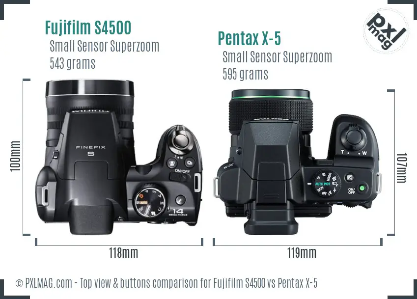 Fujifilm S4500 vs Pentax X-5 top view buttons comparison