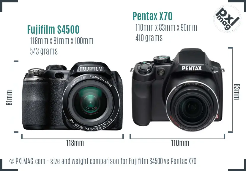 Fujifilm S4500 vs Pentax X70 size comparison