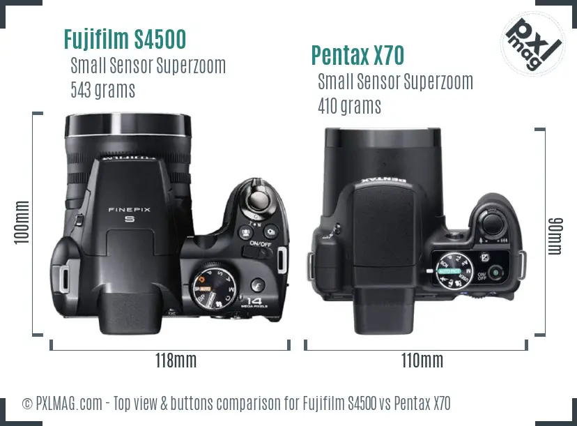 Fujifilm S4500 vs Pentax X70 top view buttons comparison