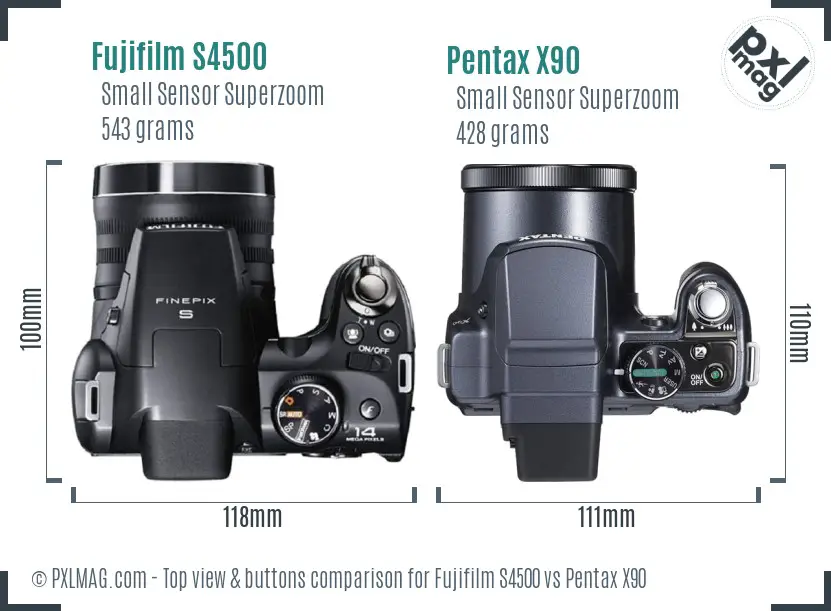 Fujifilm S4500 vs Pentax X90 top view buttons comparison
