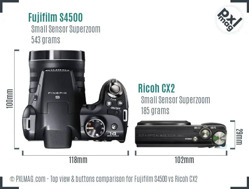 Fujifilm S4500 vs Ricoh CX2 top view buttons comparison