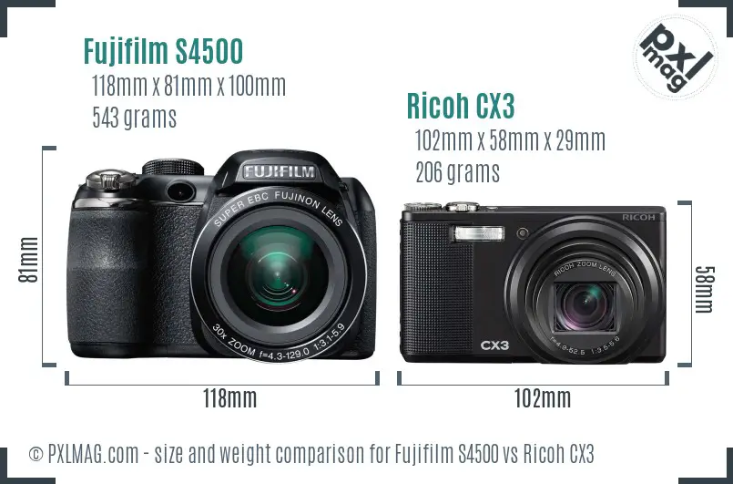 Fujifilm S4500 vs Ricoh CX3 size comparison