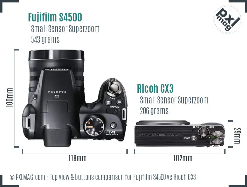 Fujifilm S4500 vs Ricoh CX3 top view buttons comparison