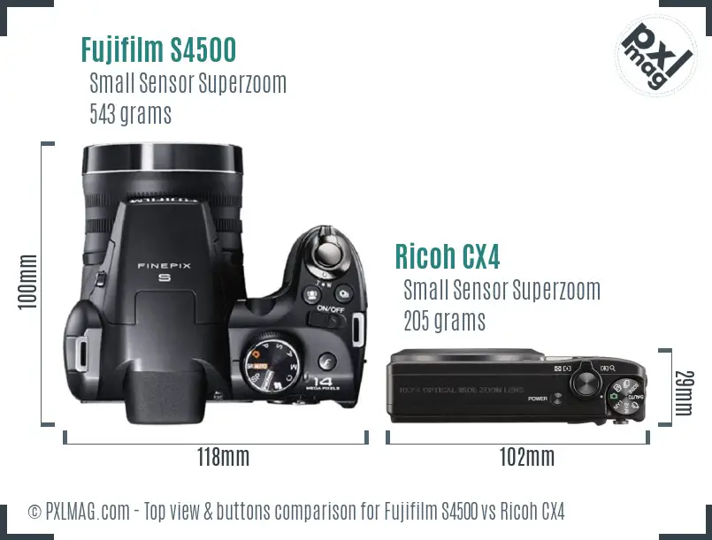 Fujifilm S4500 vs Ricoh CX4 top view buttons comparison