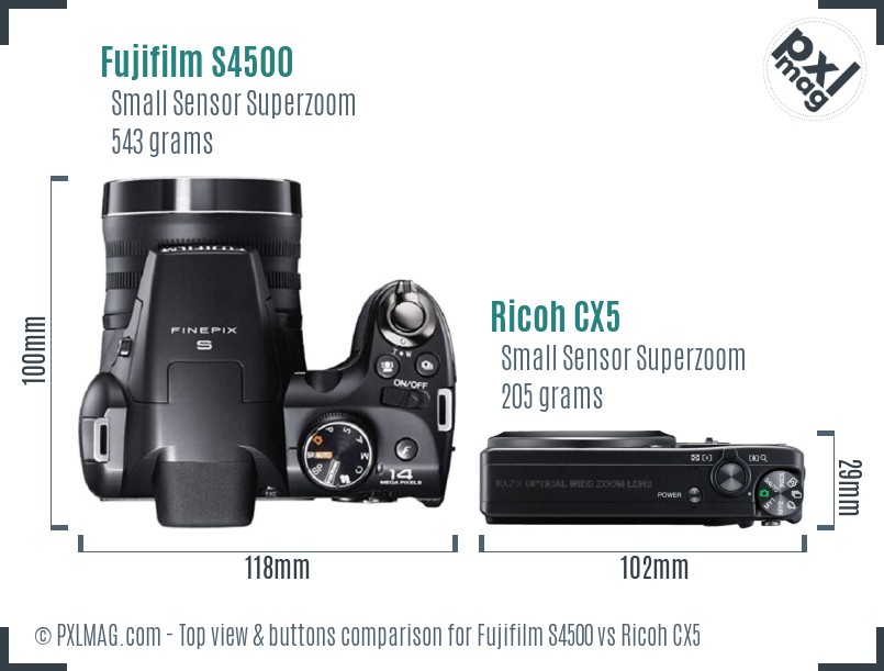 Fujifilm S4500 vs Ricoh CX5 top view buttons comparison