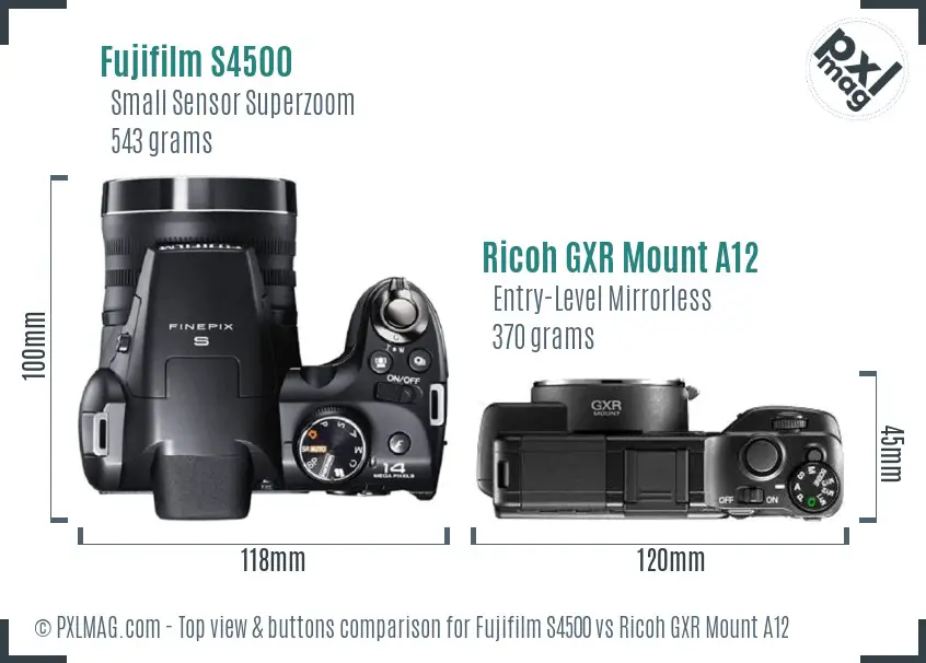 Fujifilm S4500 vs Ricoh GXR Mount A12 top view buttons comparison