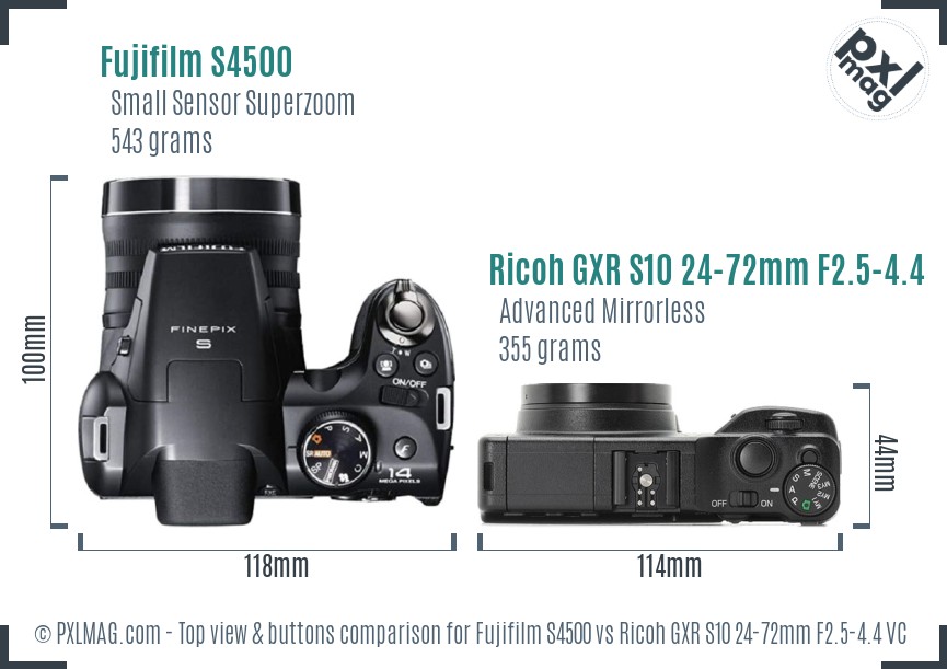 Fujifilm S4500 vs Ricoh GXR S10 24-72mm F2.5-4.4 VC top view buttons comparison