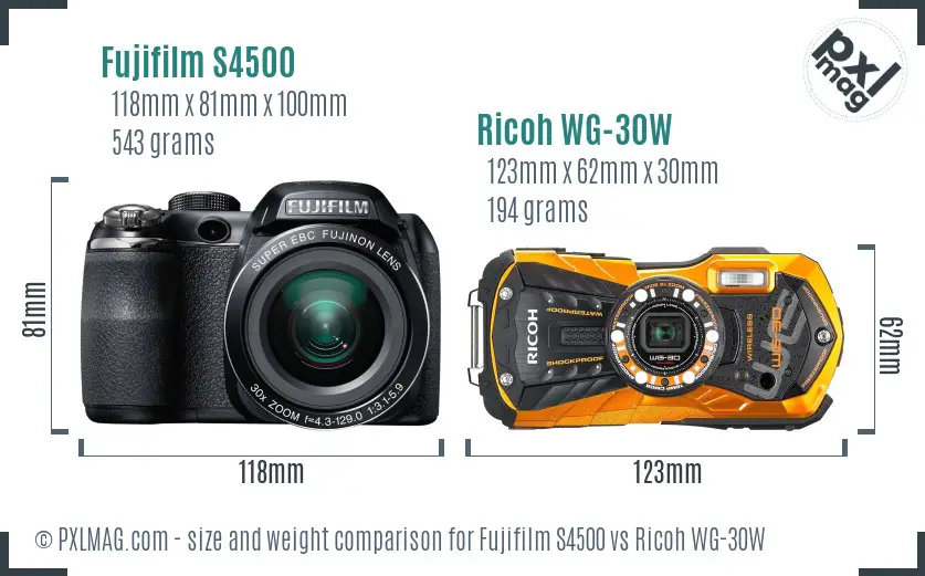 Fujifilm S4500 vs Ricoh WG-30W size comparison
