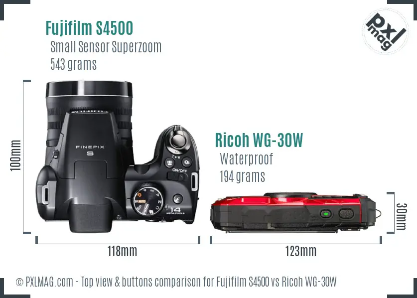 Fujifilm S4500 vs Ricoh WG-30W top view buttons comparison