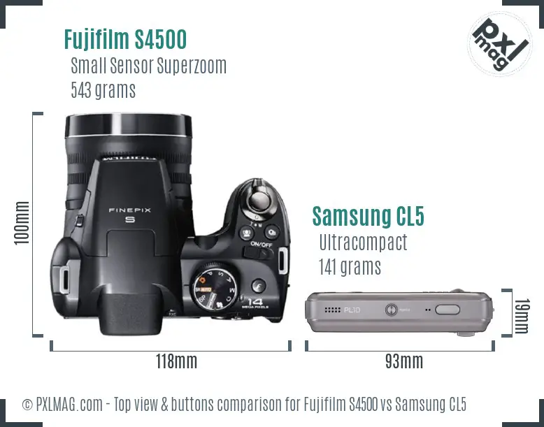 Fujifilm S4500 vs Samsung CL5 top view buttons comparison Fujifilm S4500 vs Samsung CL5 top view buttons comparison