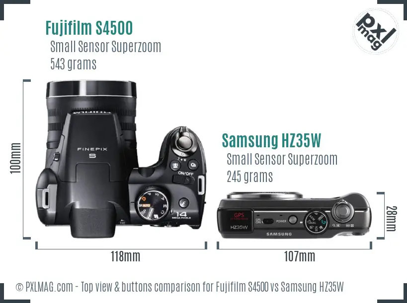 Fujifilm S4500 vs Samsung HZ35W top view buttons comparison Fujifilm S4500 vs Samsung HZ35W top view buttons comparison