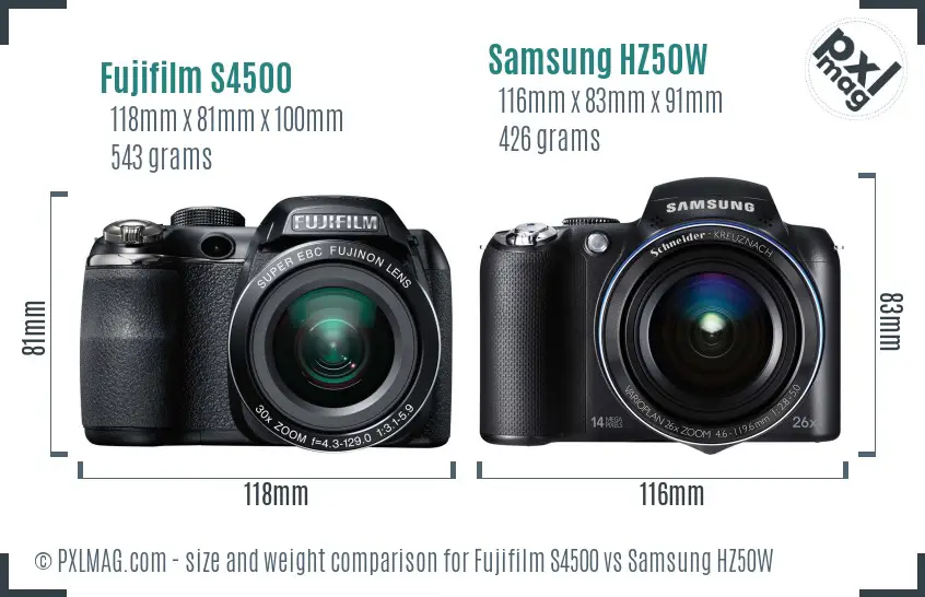 Fujifilm S4500 vs Samsung HZ50W size comparison