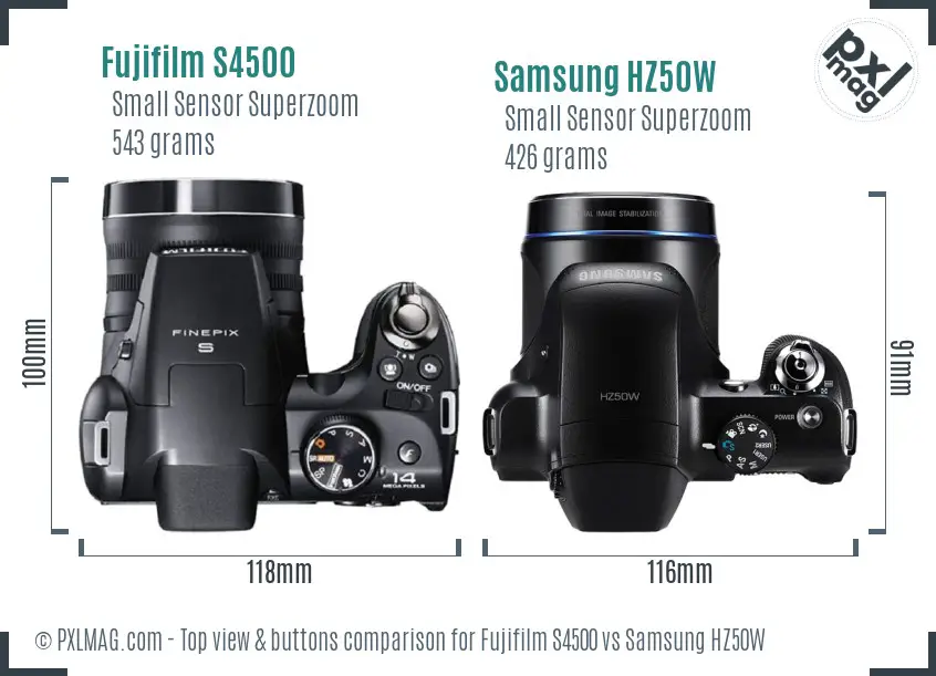 Fujifilm S4500 vs Samsung HZ50W top view buttons comparison