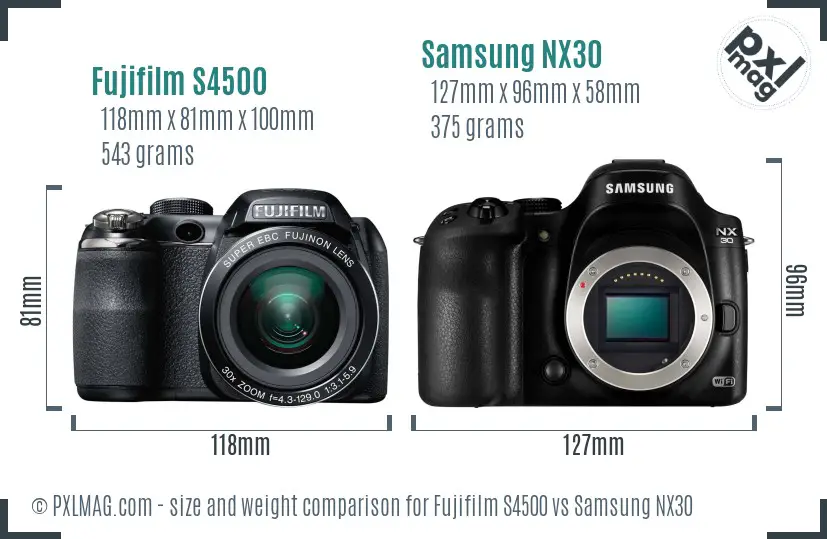 Fujifilm S4500 vs Samsung NX30 size comparison