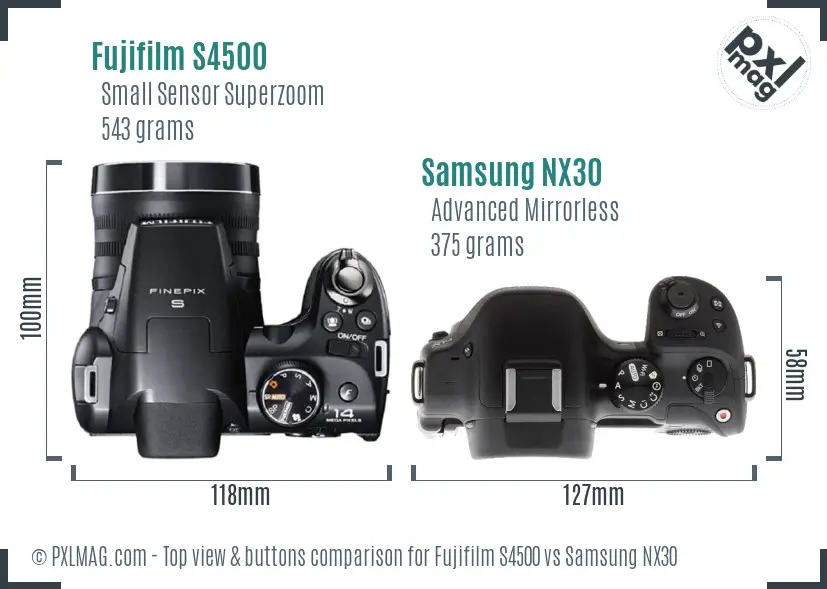 Fujifilm S4500 vs Samsung NX30 top view buttons comparison