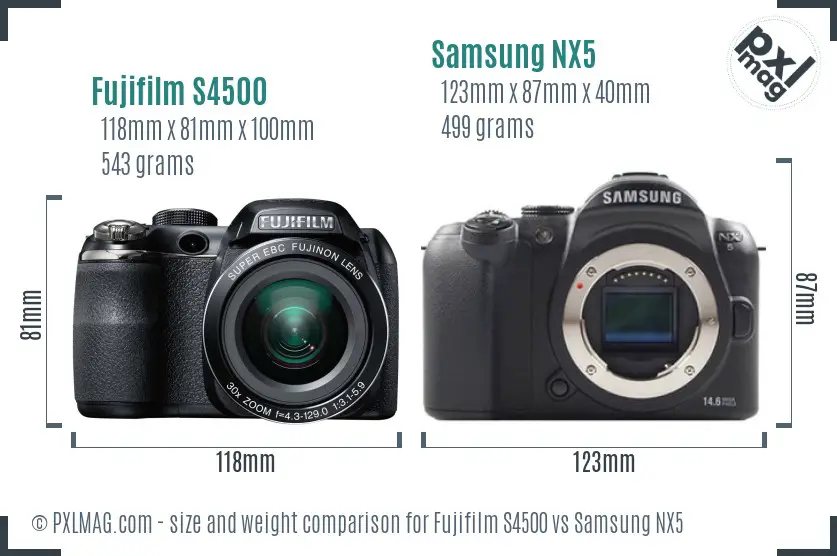Fujifilm S4500 vs Samsung NX5 size comparison