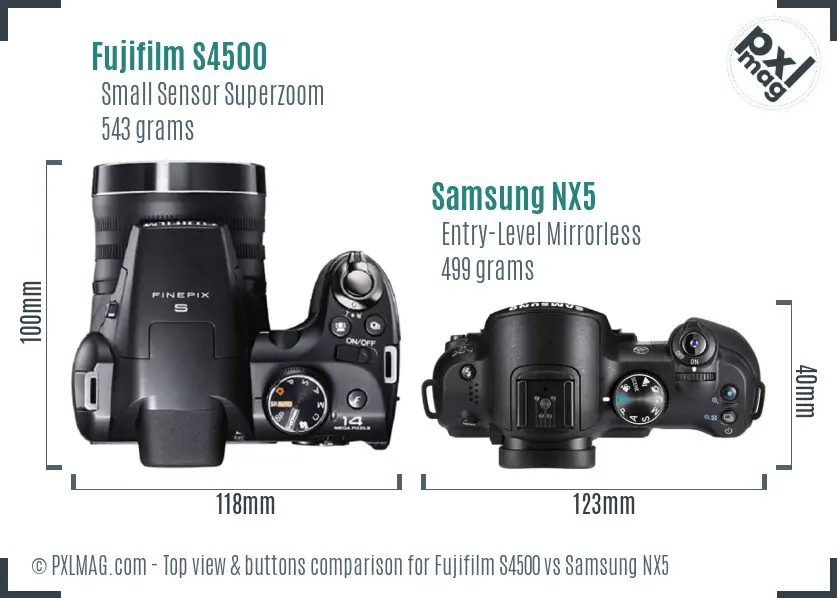 Fujifilm S4500 vs Samsung NX5 top view buttons comparison
