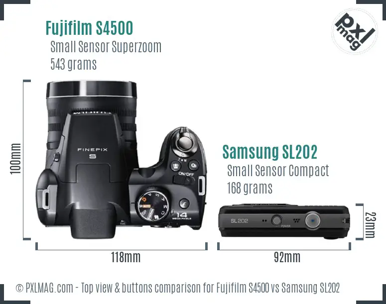 Fujifilm S4500 vs Samsung SL202 top view buttons comparison Fujifilm S4500 vs Samsung SL202 top view buttons comparison