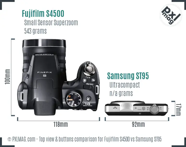 Fujifilm S4500 vs Samsung ST95 top view buttons comparison Fujifilm S4500 vs Samsung ST95 top view buttons comparison