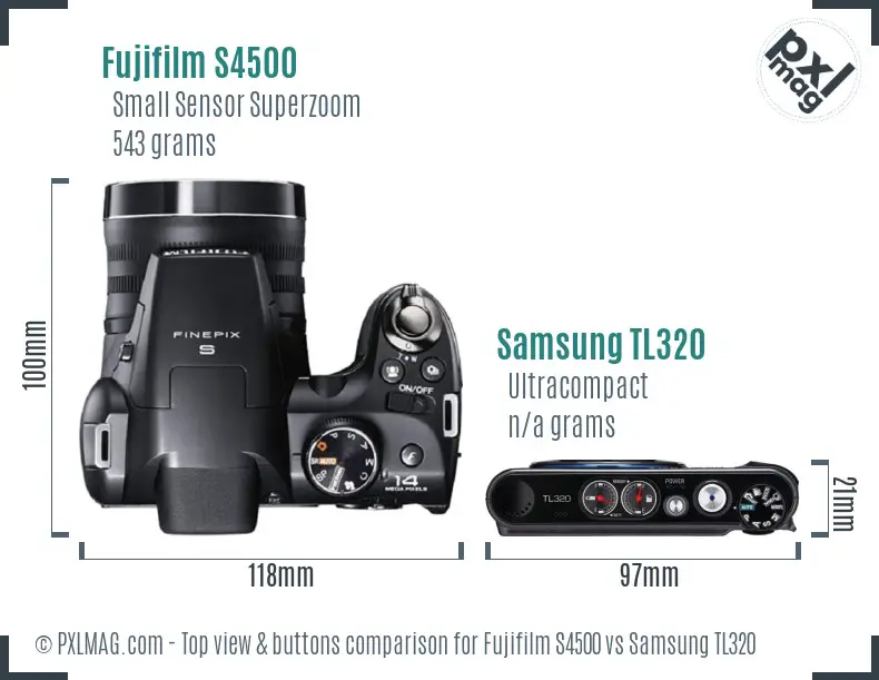 Fujifilm S4500 vs Samsung TL320 top view buttons comparison