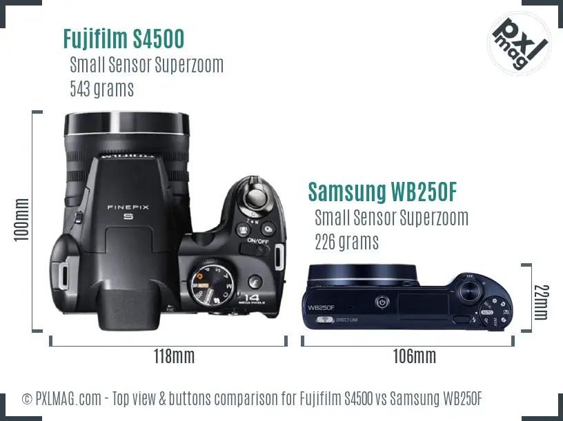 Fujifilm S4500 vs Samsung WB250F top view buttons comparison