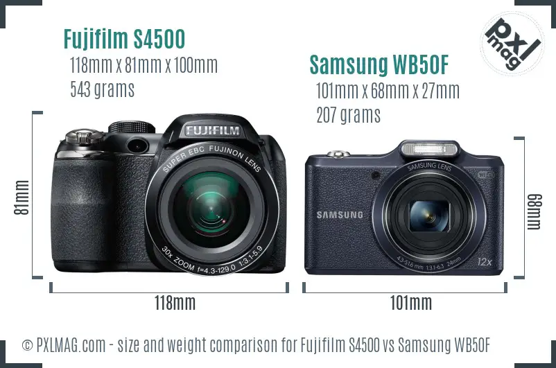 Fujifilm S4500 vs Samsung WB50F size comparison