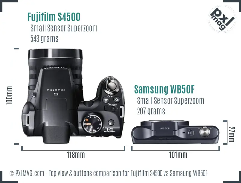 Fujifilm S4500 vs Samsung WB50F top view buttons comparison