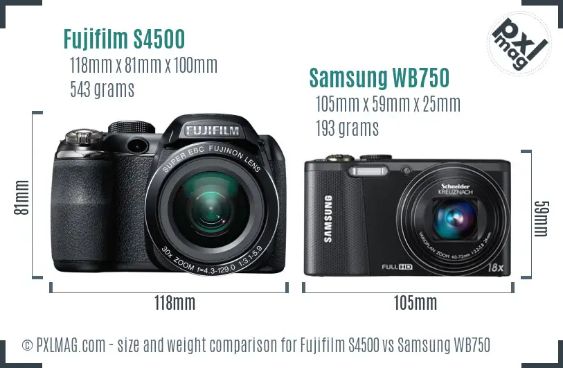 Fujifilm S4500 vs Samsung WB750 size comparison