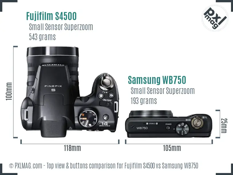 Fujifilm S4500 vs Samsung WB750 top view buttons comparison