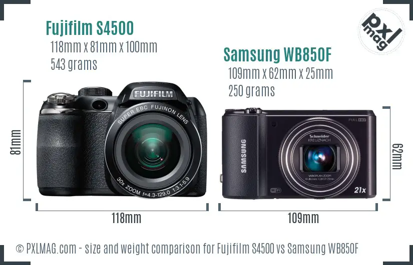 Fujifilm S4500 vs Samsung WB850F size comparison