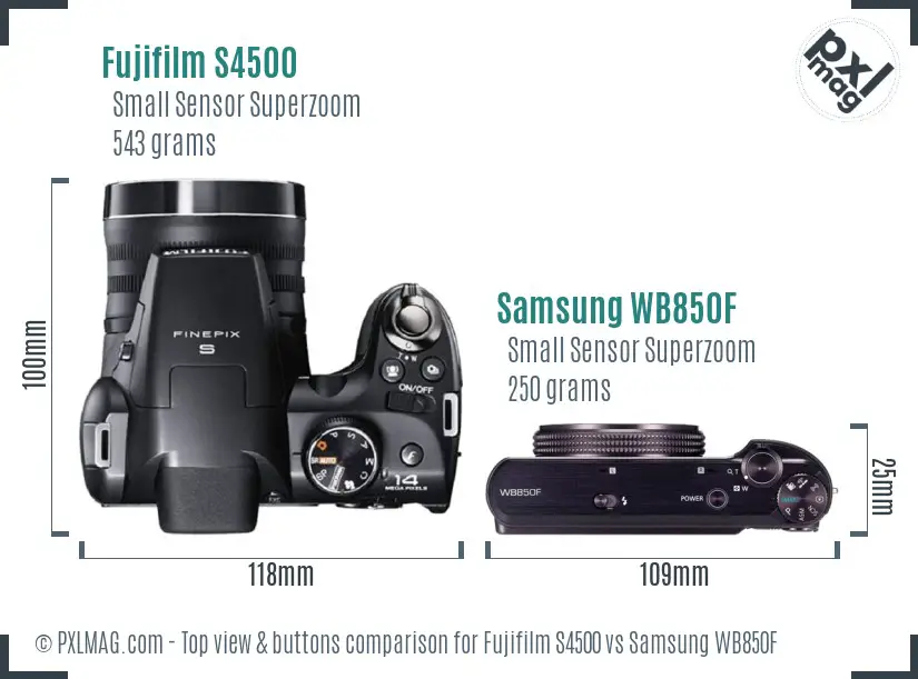 Fujifilm S4500 vs Samsung WB850F top view buttons comparison