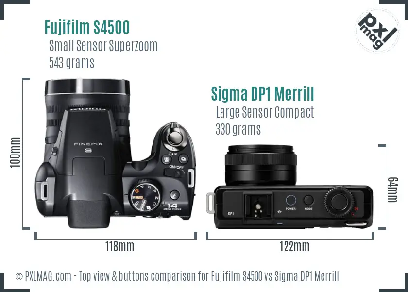 Fujifilm S4500 vs Sigma DP1 Merrill top view buttons comparison Fujifilm S4500 vs Sigma DP1 Merrill top view buttons comparison