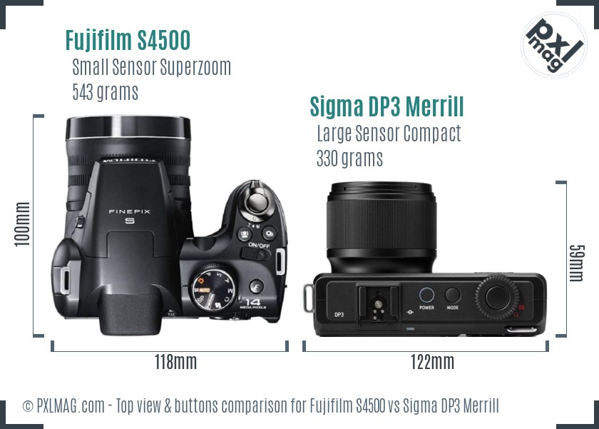 Fujifilm S4500 vs Sigma DP3 Merrill top view buttons comparison