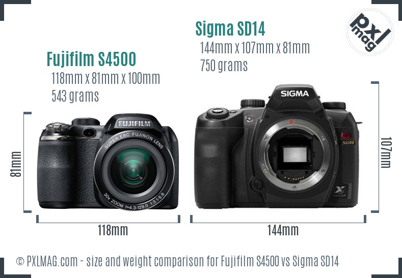 Fujifilm S4500 vs Sigma SD14 size comparison