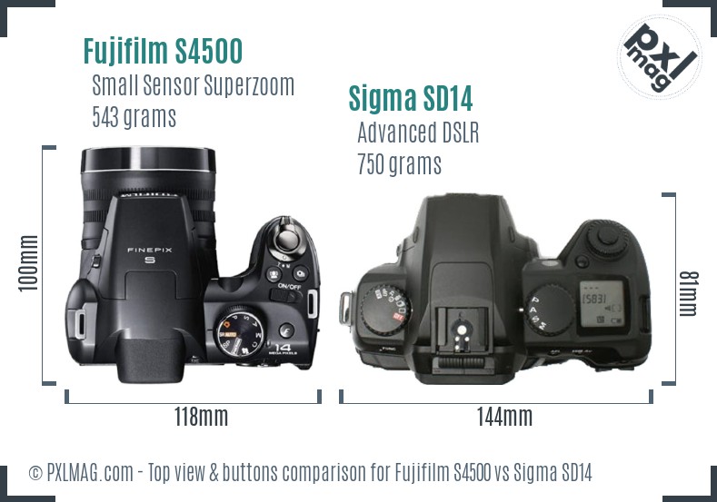Fujifilm S4500 vs Sigma SD14 top view buttons comparison