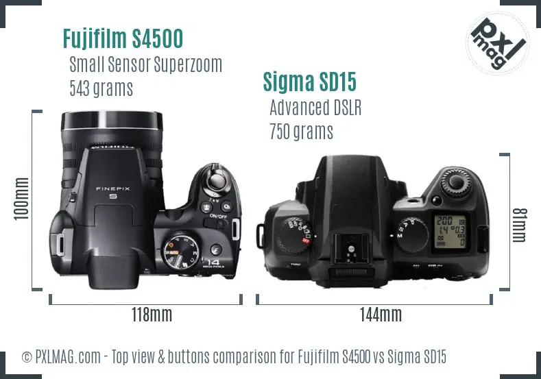 Fujifilm S4500 vs Sigma SD15 top view buttons comparison