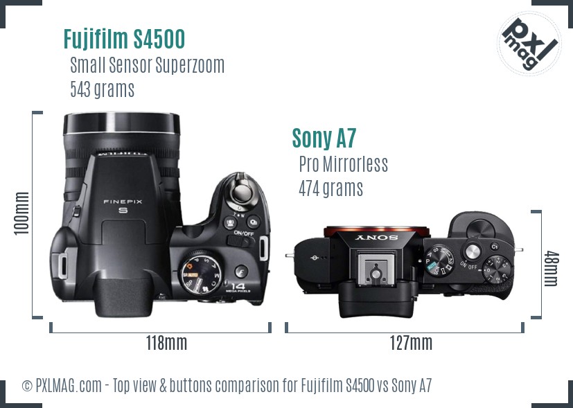 Fujifilm S4500 vs Sony A7 top view buttons comparison