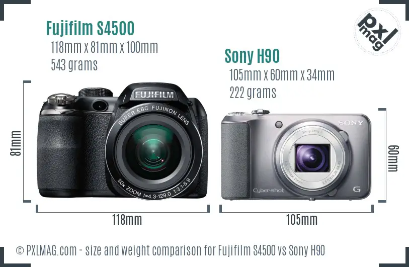 Fujifilm S4500 vs Sony H90 size comparison